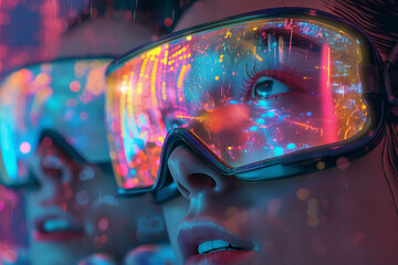 Mundo del futuro, nuevas tecnologías, chica con gafas de realidad aumentada, proyección, holograma, moderno, concepto de avances tecnológicos, 2050, holografía, colores y neones, gafas 3d - obrazy, fototapety, plakaty
