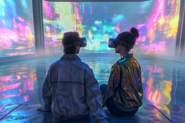 Mundo del futuro, nuevas tecnologías, pareja con gafas realidad aumentada, proyección, holograma, moderno, concepto de avances tecnológicos, 2050, holografía, colores y neones, gafas 3d - obrazy, fototapety, plakaty