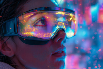 Mundo del futuro, nuevas tecnologías, chica con gafas de realidad aumentada, proyección, holograma, moderno, concepto de avances tecnológicos, 2050, holografía, colores y neones, gafas 3d - obrazy, fototapety, plakaty