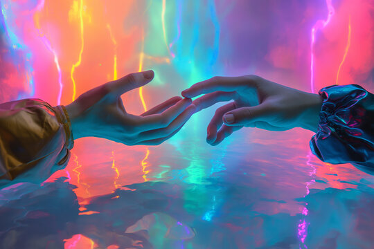 Mundo del futuro, nuevas tecnologías, dos manos tocándose, dedos rozándose, realidad aumentada, proyección, holograma, moderno, concepto de avances tecnológicos, 2050, holografía, colores y neones - Powered by Adobe