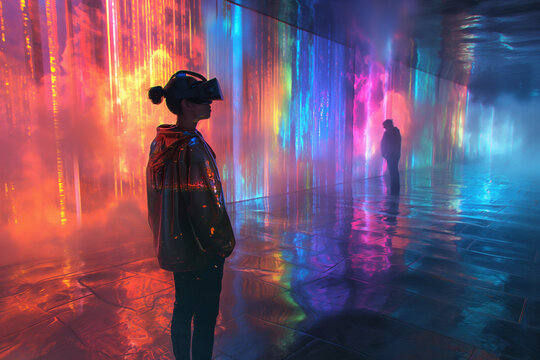 Mundo del futuro, nuevas tecnologías, persona con gafas realidad aumentada, proyección, holograma, moderno, concepto de avances tecnológicos, 2050, holografía, colores y neones - Powered by Adobe