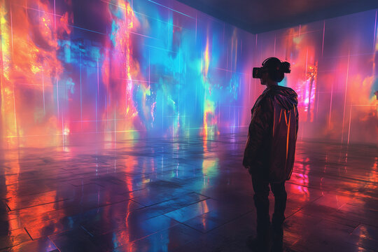 Mundo del futuro, nuevas tecnologías, persona con gafas realidad aumentada, proyección, holograma, moderno, concepto de avances tecnológicos, 2050, holografía, colores y neones - Powered by Adobe