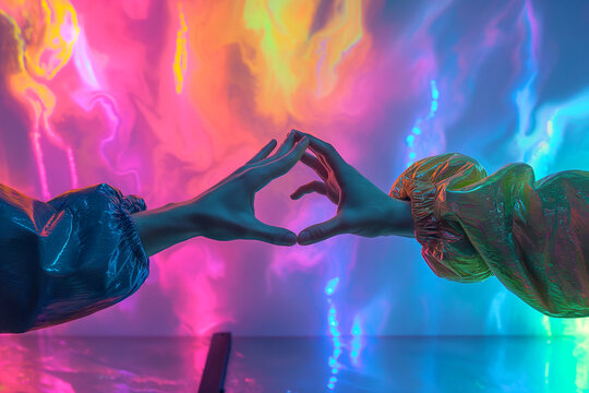 Mundo del futuro, nuevas tecnologías, dos manos tocándose, dedos rozándose, realidad aumentada, proyección, holograma, moderno, concepto de avances tecnológicos, 2050, holografía, colores y neones - Powered by Adobe