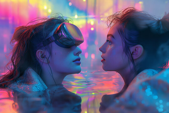 Mundo del futuro, nuevas tecnologías, chicas mirando su avatar, realidad aumentada, proyección, holograma, moderno, concepto de avances tecnológicos, 2050, holografía, colores y neones, gafas 3d