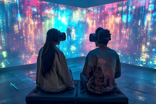 Mundo del futuro, nuevas tecnologías, pareja con gafas realidad aumentada, proyección, holograma, moderno, concepto de avances tecnológicos, 2050, holografía, colores y neones, gafas 3d