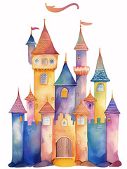 vibrant watercolor illustration of an enchanting castle with whimsical turrets and flags against a white background - Generative AI