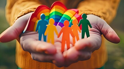 Hands Holding Colorful Paper Figures and Rainbow with AI generated.
