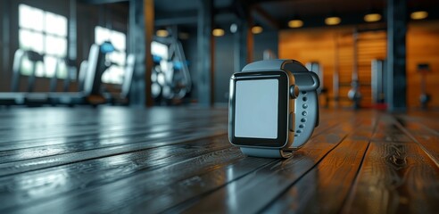 A lone smartwatch rests on the wooden floor of a well-equipped fitness gym, symbolizing a blend of technology and physical exercise in today's health-conscious world.
