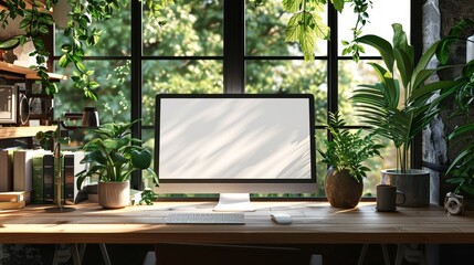 A serene home office setup that's in harmony with nature, showcasing a sunlit monitor on a wooden desk, flanked by lush greenery and overlooking a vibrant garden view.