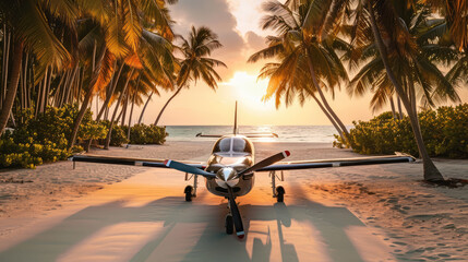 A small airplane parked on a sandy airstrip surrounded by palm trees, basking in the warm glow of a tropical sunset.