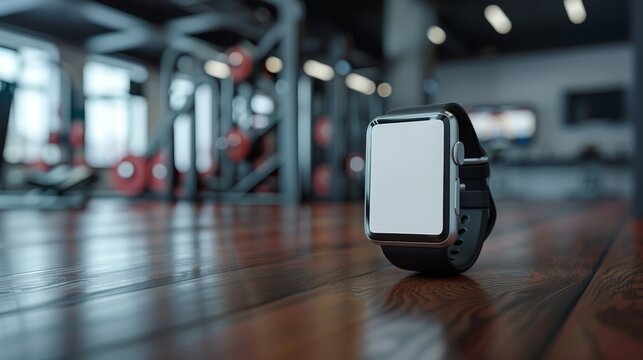 A smartwatch awaiting activation on the polished wooden floor of a gym, with blurred workout machines in the background, representing readiness for a fitness session.