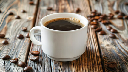 The Essence of Coffee. Cup of aromatic hot coffee and beans in the center of wooden table. 