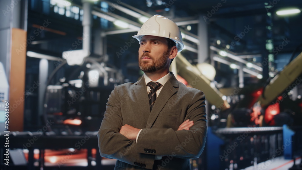 Poster successful factory owner posing at modern heavy industrial machinery close up. - Posters