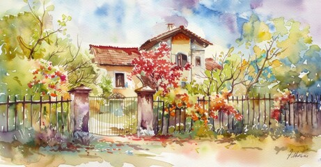 Fototapeta premium A charming watercolor painting featuring a house surrounded by a fence and colorful flowers.