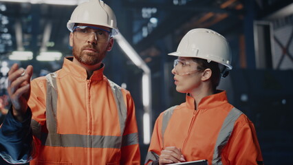Plant engineer showing modern production facility to woman with tablet close up.