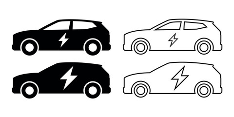 Naklejka premium set electric car with electric bolt, car silhouette with lightning, flat vector icon for transportation applications and websites isolations on white background