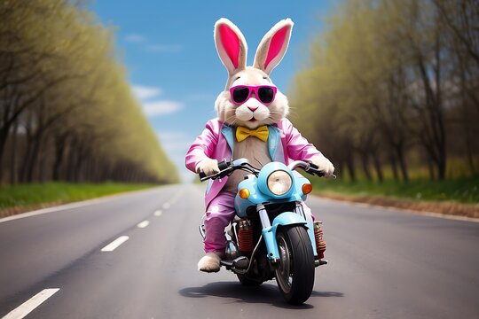 Rabbit riding a motorcycle on the road. The concept of the Easter holiday.