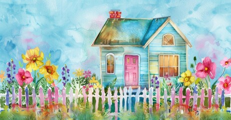 Obraz premium A charming watercolor painting featuring a house surrounded by a fence and colorful flowers.