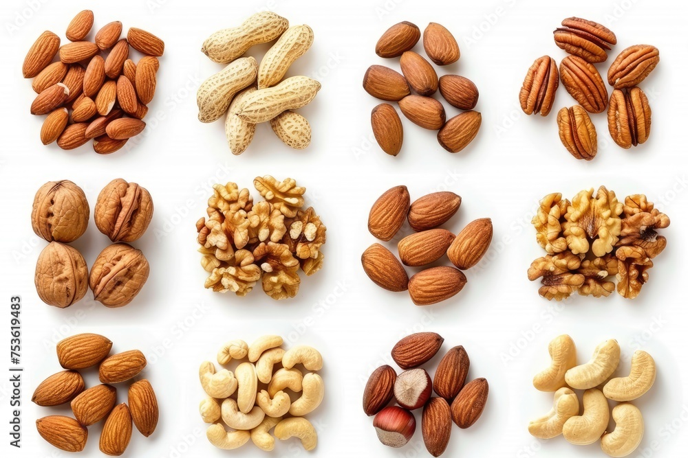 Poster assorted nuts arranged in a row at the top of a white background with copy space