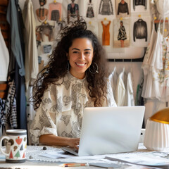 person working on a laptop in a boutique