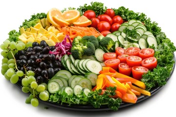 Assorted fresh fruits and vegetables platter on white background.