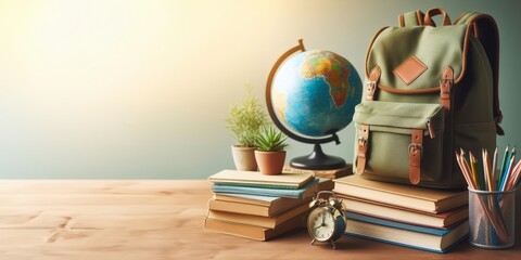 Generated image a backpack, books, pencils and a globe on a desk, green and blue warm theme, front view, low bottom shot, free space for text, background for back to school concept,