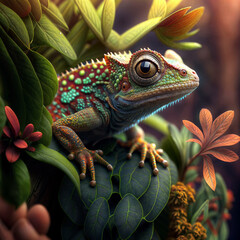 green iguana on a branch in the jungle created with Generative AI technology