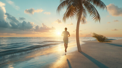 sunset on the beach, Morning beach jog, man runs along the ocean shore, personal time, solitary vacation, fitness on vacation, running for health, financial freedom, dream life, solo travel.