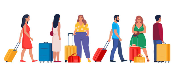 Travelers with baggage. Characters with suitcases and bags. Tourists group with suitcases. Traveling crowd with luggage. Concept for travel or lifestyle blogs. Vector Illustration.