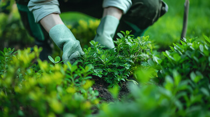Fototapeta na wymiar Hands planting in a lush garden bed.