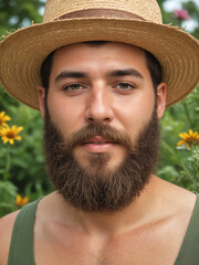 bearded gardener portrait with straw hat - 753620412