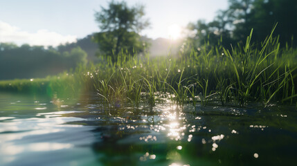 Obraz na płótnie Canvas Rêve de nature : Une berge verdoyante se reflète dans l'eau calme
