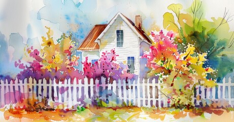 Obraz premium A charming watercolor painting featuring a house surrounded by a fence and colorful flowers.