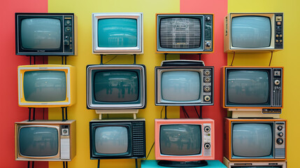 Array of colorful vintage TVs.