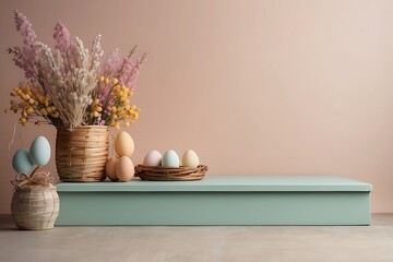 Easter composition Pastel podium background with copy space for product display - obrazy, fototapety, plakaty