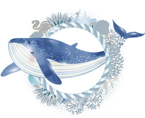 blauer Wal Fisch im Korallenriff im Aquarell Stil