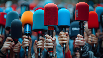 World Press Freedom Day concept. Background with microphones in hands depicting the idea of freedom of the press or freedom of expression.