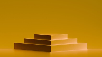 Empty podium or pedestal display on orange background with stand concept. Blank product shelf standing backdrop. 3d rendering illustration.