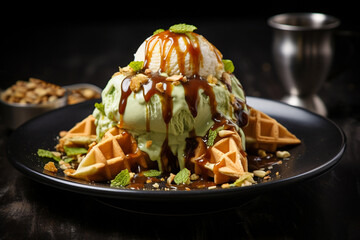 Pistachio ice cream with waffles and pistachios. Generative AI.