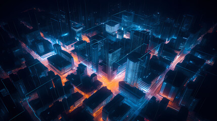 Aerial view of city at night, brightly lit streets, cityscape, skyline