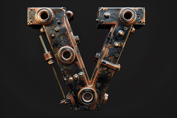 Metallic steampunk alphabet with gears and rivets isolated on black background, capital letter V with 3D rendering and metal texture, creative retro abc for poster, wallpaper, movie. 
