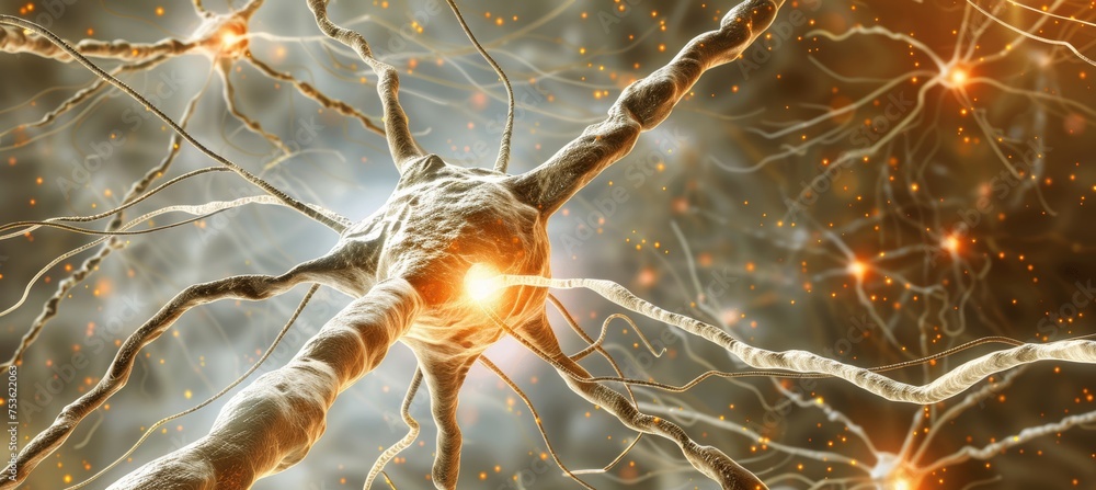 Poster detailed close up of human brain with active neurons firing and intricate neural extensions visible.