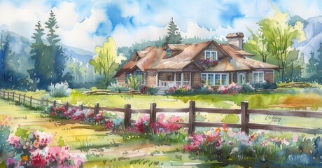 Fototapeta na wymiar A charming watercolor painting featuring a house surrounded by a fence and colorful flowers.