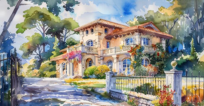 A charming watercolor painting featuring a house surrounded by a fence and colorful flowers.