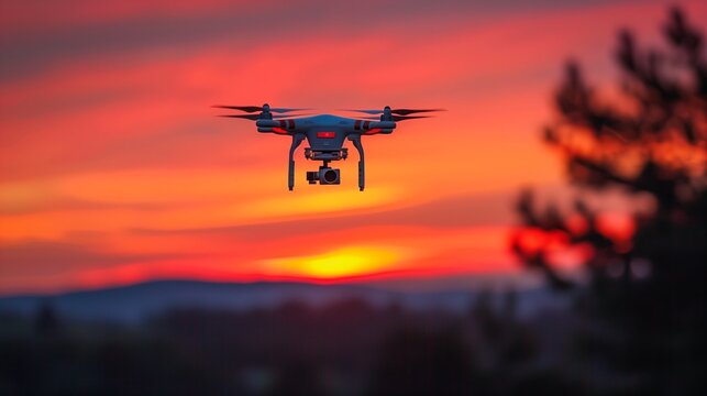 Drone with an attached camera operates at dawn, capturing footage with a stunning colorful sky in the background.