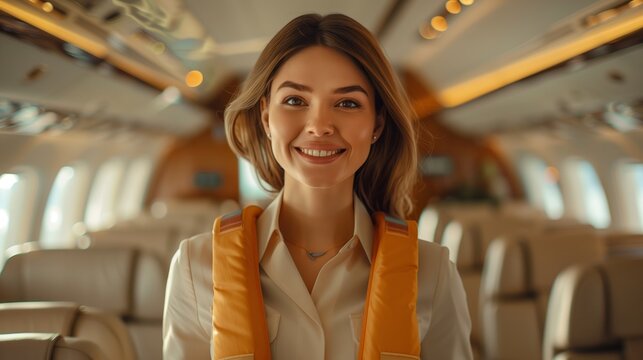 Flight Attendant. Welcoming flight attendant in a private jet cabin, ready to offer assistance with a friendly smile. - Powered by Adobe