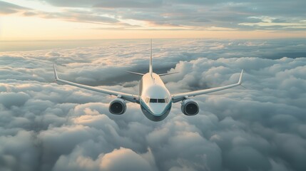 Airplane Flying High Above Clouds. Commercial airplane soars high above the cloud cover, showcasing the grandeur of flight and the expansiveness of the sky. - obrazy, fototapety, plakaty