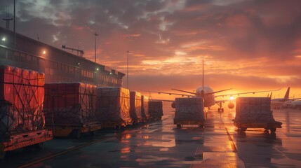 Cargo Containers at Airport. Cargo containers await loading at an airport against a dramatic sunset sky, reflecting on the wet tarmac.