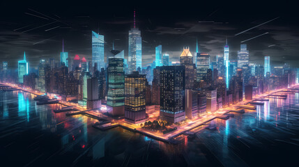 Obraz premium Aerial view of city at night, brightly lit streets, cityscape, skyline