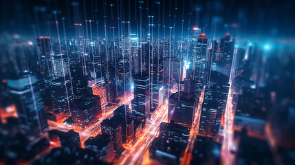 Fototapeta na wymiar Aerial view of city at night, brightly lit streets, cityscape, skyline